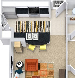 The Athens 3D The Athens 3D. 1 bedroom apartment. Kitchen with bartop open to living room. 1 full bathroom. Walk-in closet. Patio/balcony with storage.